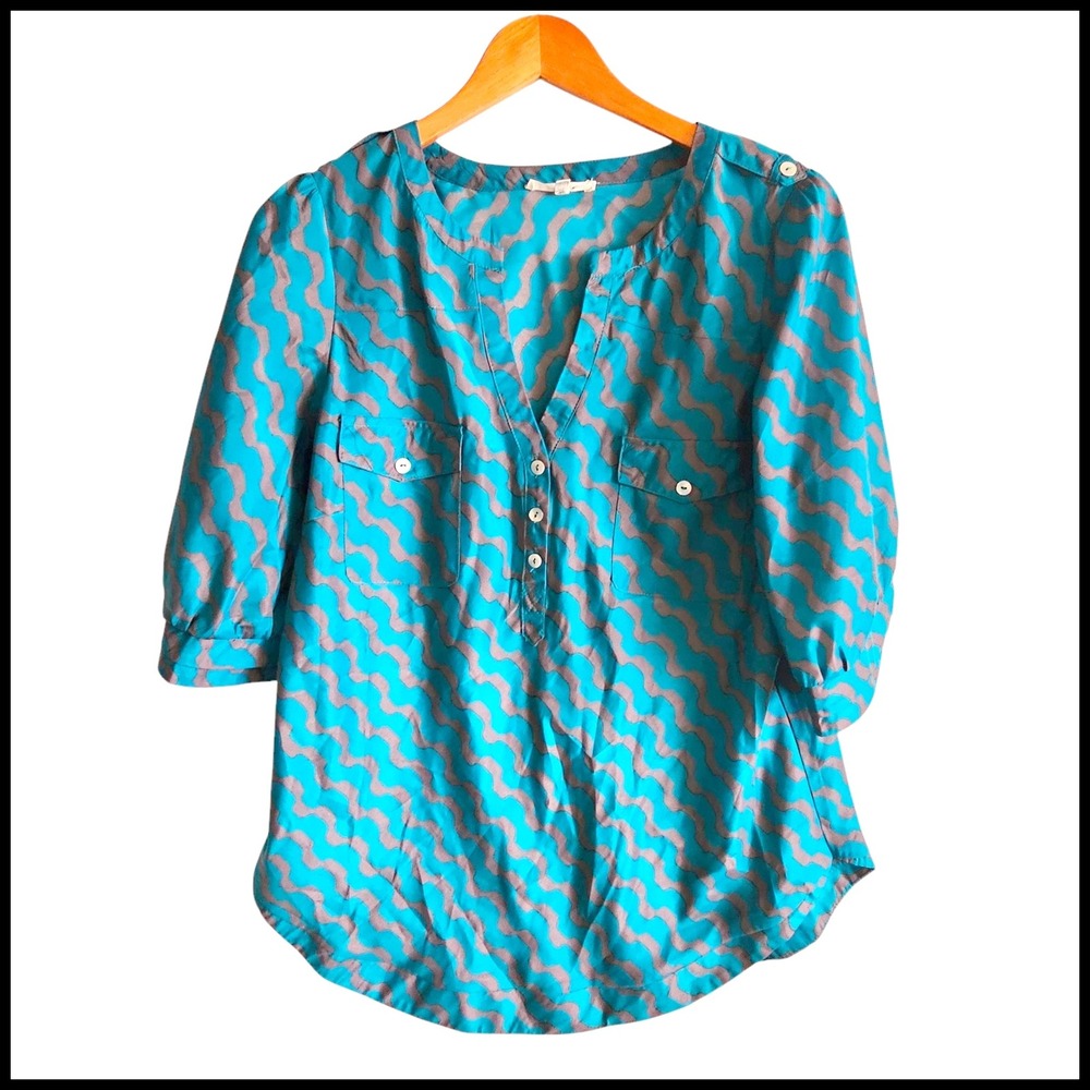 Hawthorn Blouse Top Button Down 3/4 Sleeve Teal Brown Wave Print Size L